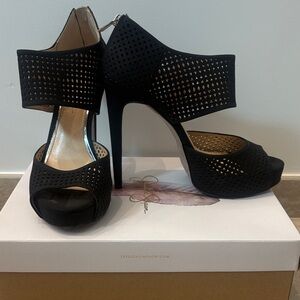 Jessica Simpson Black Perforated Peep-Toe Ankle Strap Heels